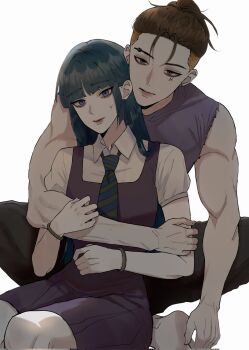 Rule 34 | 1boy, 1girl, barefoot, black hair, black pants, blonde hair, blue hair, boruto: two blue vortex, bracelet, corrupted twitter file, diagonal-striped clothes, diagonal-striped necktie, dress, hair pulled back, hetero, highres, ifevilwhyuhot, jewelry, kakei sumire, kawaki (boruto), medium dress, multicolored hair, muscular, muscular male, naruto (series), necktie, nervous smile, pants, ponytail, purple dress, purple eyes, purple shirt, shirt, sitting, smile, striped clothes, sweatdrop, two-tone hair, undercut