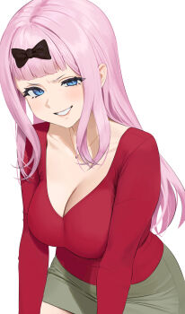1girl absurdres black_bow blue_eyes blunt_bangs bow breasts carlo_montie cleavage fujiwara_chika grey_skirt hair_bow highres jewelry kaguya-sama_wa_kokurasetai_~tensai-tachi_no_renai_zunousen~ large_breasts long_hair looking_at_viewer miniskirt necklace pink_hair red_shirt shirt simple_background skirt solo white_background