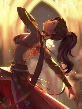 1girl absurdres back blue_hair breasts crescent crescent_earrings dancer dancing dark-skinned_female dark_skin earrings fire_emblem fire_emblem:_fortune&#039;s_weave gold_choker gold_earrings harem_outfit high_ponytail highres irisli0224 jewelry leda_(fire_emblem) medium_breasts nintendo ponytail stomach thighs