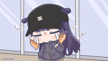 1girl =_= baseball_cap black_hat blush_stickers brown_hair chibi closed_eyes crying drawstring gradient_hair grey_jacket hair_through_headwear hat hololive hololive_english jacket long_hair long_sleeves mochimiko motion_lines multicolored_hair ninomae_ina&#039;nis puffy_long_sleeves puffy_sleeves purple_hair signature sliding_doors solo speed_lines streaming_tears tears very_long_hair virtual_youtuber yurie_mouth