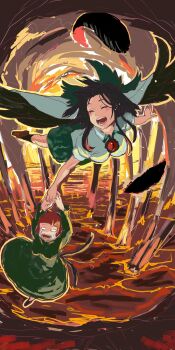 3735geriragouki arms_at_sides arms_up bird_wings black_hair black_legwear black_wings blank_eyes blouse blunt_bangs blush bow breasts brown_footwear cape carrying cave closed_eyes collared_shirt commentary_request crying dress feathered_wings feathers fire floating_hair flying frilled_sleeves frills green_bow green_dress green_skirt hair_bow hand_grab happy_tears hell highres holding_person kaenbyou_rin long_hair long_sleeves medium_breasts multiple_tails nekomata open_mouth outstretched_arms outstretched_hand puffy_short_sleeves puffy_sleeves red_hair reiuji_utsuho scared shirt short_sleeves skirt solid_oval_eyes t_t tail tears third_eye touhou two_tails white_cape white_shirt wide_oval_eyes wing_collar wings