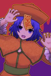 Rule 34 | 1girl, 9no1girl, alternate costume, capelet, commentary request, dress, frilled sleeves, frills, hat, highres, jiangshi, long sleeves, looking at viewer, miyako yoshika, ofuda, open mouth, orange capelet, orange dress, orange hat, purple eyes, purple hair, qingdai guanmao, red background, short hair, solo, teeth, textless version, touhou, upper body
