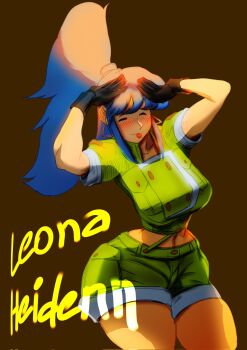 1girl ass blue_hair breasts curvy female_focus huge_ass huge_breasts large_breasts leona_heidern long_hair matheusgrart military pants ponytail shorts standing the_king_of_fighters thick_thighs thighs tongue tongue_out wide_hips
