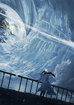 1girl absurdres black_hair blue_archive cloud cloud_focus coat commentary_request from_behind halo hand_on_railing highres kani_etizen03 long_hair planet railing saori_(blue_archive) scenery solo twitter_username white_coat white_halo wind