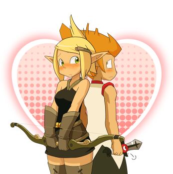 Rule 34 | 1boy, 1girl, ankama, blonde hair, blush, bow (weapon), cra (wakfu), cra f, evangelyne (wakfu), fen (gunpura), gunpura, heart, highres, iop (wakfu), iop m, orange hair, pointy ears, rubilax, shushu (wakfu), sword, tristepin percedal, wakfu, weapon