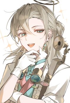 Rule 34 | 1boy, :d, absurdres, blonde hair, blue necktie, blue vest, bruise, bruised eye, earrings, fang, gloves, hair between eyes, half updo, highres, identity v, injury, jacket, jewelry, looking at viewer, luca balsa, luca balsa (paranormal detective), male focus, masshurmu39, necktie, official alternate costume, one eye closed, open mouth, ponytail, popped collar, short ponytail, single earring, single hair intake, smile, vest, white gloves, white jacket