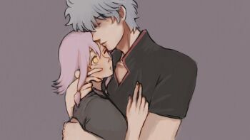 1boy 1girl affectionate blush closed_eyes closed_mouth couple cuddling gintama hand_on_another&#039;s_face highres hug implied_forehead_kiss messy_hair oc_x_canon pink_hair sakata_gintoki short_hair sorjku surprise_hug surprised tall_male upper_body yellow_eyes