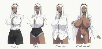 1girl angry black_hairband black_lips black_pants black_shorts breasts bright_pupils bursting_breasts closed_mouth collared_shirt commentary cowboy_shot cropped_legs curtain_call_challenge_(meme) dark-skinned_female dark_nipples dark_skin earclip emphasis_lines english_commentary english_text excessive_pubic_hair eyelashes female_pubic_hair flou_(flou_art) forehead hairband half-closed_eyes highres huge_breasts impossible_clothes impossible_shirt large_areolae lipstick long_hair long_sleeves looking_at_viewer looking_down makeup meme mole mole_under_eye motion_lines multiple_views naked_shirt navel nipples open_clothes open_collar open_cuffs open_mouth open_shirt original outline pants parted_bangs pubic_hair puffy_nipples scowl serious shiny_skin shirt shirt_overhang shirt_tucked_in short_sleeves shorts shorts_rolled_up sidelocks simple_background stella_(flou) surprised taut_clothes taut_shirt teeth tented_shirt thighs variations white_background white_eyes white_hair white_pubic_hair white_pupils white_shirt