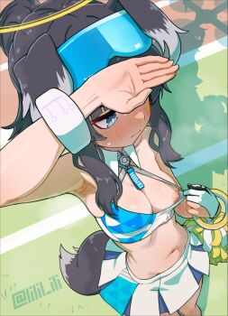 1girl animal_ears arm_up armpits bare_shoulders black_hair blue_archive blue_eyes blush breasts cheerleader clothes_pull dog_ears dog_girl dog_tail embarrassed eyewear_on_head flashing from_above halo hand_over_face hibiki_(blue_archive) hibiki_(cheer_squad)_(blue_archive) long_hair looking_to_the_side medium_breasts millennium_cheerleader_outfit_(blue_archive) navel nipples no_bra official_alternate_costume one_breast_out opened_by_self presenting_breasts pulling_own_clothes solo special_cat star_(symbol) star_sticker sticker sticker_on_face sweat tail