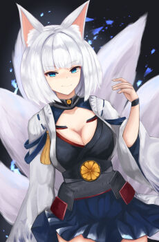 1girl animal_ear_fluff animal_ears azur_lane blue_skirt breasts cleavage commentary cowboy_shot fox_ears fox_tail highres kaga_(azur_lane) large_breasts looking_at_viewer medium_hair metal_belt miniskirt multiple_tails pleated_skirt ryara skirt solo tail white_hair white_tail