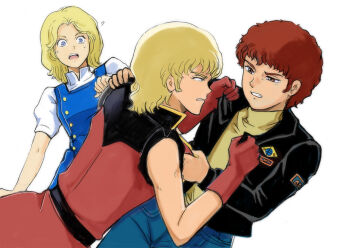 1girl 2boys ? aeug amuro_ray bare_shoulders belt beltorchika_irma blonde_hair blue_eyes brown_eyes char_aznable clenched_teeth commentary_request emblem fighting gacha-m gloves gundam jacket military_jacket mullet multiple_boys open_mouth quattro_bajeena red_gloves red_hair science_fiction surprised teeth vest white_background zeta_gundam