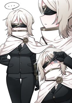 Rule 34 | ..., 1girl, arm behind back, black gloves, black necktie, black pants, black suit, blindfold, blindfold pull, blue eyes, bright pupils, cape, closed mouth, commentary, facing viewer, faust (project moon), fey (whitepaper), formal clothes, gloves, highres, index (identity) (project moon), limbus company, medium hair, multiple views, necktie, pants, project moon, simple background, spoken ellipsis, standing, suit, white background, white cape, white hair, white pupils