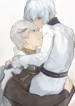Rule 34 | 2boys, black coat, blue eyes, blue hair, bracelet, cape, carrying, carrying person, closed mouth, coat, eye contact, frilled sleeves, frills, grey eyes, hair behind ear, hand on another's shoulder, highres, holding, horns, jewelry, long sleeves, looking at another, looking up, male focus, metaphor: refantazio, multiple boys, protagonist (metaphor: refantazio), samerkgk, simple background, smile, strohl (metaphor: refantazio), white background, white cape, white coat, white hair, yaoi
