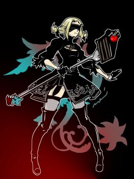 1girl 2b_(nier:automata) 2b_(nier:automata)_(cosplay) black_dress black_gloves black_thighhighs blindfold blonde_hair braid cleavage_cutout clothing_cutout cosplay covered_eyes dress final_fantasy final_fantasy_xii full_body gloves long_hair long_sleeves mochi_(hanamaruudondesu) penelo puffy_sleeves solo thighhighs twin_braids twintails weapon