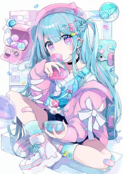 +_+ 1girl animal_ears animal_hat bandaid bandaid_on_knee bandaid_on_leg beret black_choker black_shorts blue_bow blue_hair blue_socks blush_stickers bow braid candy choker chon_(chon33v) collarbone commentary_request crossed_bandaids ear_piercing fake_animal_ears fanny_pack food gashapon hair_bow hair_ornament hat highres holding jacket jelly_bean knee_up long_hair mask mask_pull mouth_mask multicolored_hair off_shoulder official_art open_clothes open_jacket original piercing pink_hair pink_hat pink_jacket platform_shoes purple_bow purple_eyes ribbed_legwear see-through_clothes shirt shoes short_shorts shorts sitting sneakers socks solo streaked_hair two_side_up very_long_hair white_bow white_shirt white_shoes x_hair_ornament yume_kawaii