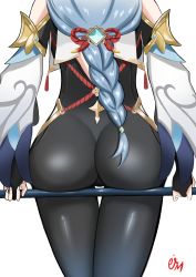 1girl absurdres ass ass_focus ass_support bare_shoulders bodysuit braid ei from_behind genshin_impact gloves highres huge_ass long_hair polearm shenhe_(genshin_impact) shiny_clothes silver_hair single_braid skin_tight solo very_long_hair weapon
