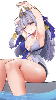 1girl absurdres armpit_focus armpits black_shorts breasts brown_eyes commentary grey_hair hair_ornament highres honkai_(series) honkai_impact_3rd long_hair poolside presenting_armpit serapeum_(honkai_impact) shorts simple_background sitting small_breasts snzw23 solo stretching sweat thighs two-tone_shirt white_background