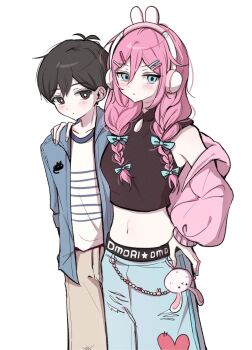 1boy 1girl animal_ear_headphones animal_ears antenna_hair aubrey_(birthday)_(omori) aubrey_(faraway)_(omori) aubrey_(omori) black_eyes black_hair blue_bow blue_eyes blue_jacket blue_nails blue_pants blush bow braid bright_pupils brown_pants cardigan character_charm charm_(object) closed_mouth collarbone collared_jacket commentary crop_top denim double-parted_bangs english_commentary fake_animal_ears forest_bunny?_(omori) hair_between_eyes hair_bow hand_on_another&#039;s_shoulder hand_on_own_hip hashtag-only_commentary headphones highres jacket jeans long_sleeves looking_at_viewer low_twin_braids mewo multicolored_nails navel official_alternate_costume omori open_cardigan open_clothes open_jacket pants pink_cardigan pink_hair pink_nails rabbit_ear_headphones rabbit_ears shirt short-sleeved_jacket short_hair short_sleeves sidelocks simple_background sunny_(birthday)_(omori) sunny_(omori) twin_braids white_background white_pupils white_shirt wktdms1