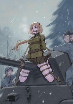 Rule 34 | 1girl, 2boys, absurdres, arms behind back, ball gag, bdsm, belt, blazer, blonde hair, bondage, bound, breasts, brown necktie, combat helmet, fallschirmhelm, frogtie, gag, gagged, german army, girls' frontline, green shirt, helmet, highres, jacket, long hair, m3 (girls' frontline), medium breasts, military combat uniform, military uniform, military vehicle, motor vehicle, multiple boys, necktie, open mouth, outdoors, pleated skirt, purple eyes, restrained, root001, separated legs, shibari, shibari over clothes, shirt, shoes, skindentation, skirt, snowing, soldier, tank, teeth, very long hair, wehrmacht, winter