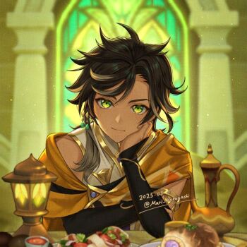 1boy armlet black_gloves blurry blurry_background brown_hair cape closed_mouth coffee_pot commentary_request dark-skinned_male dark_skin elbow_gloves elbow_rest fingerless_gloves food food_request genshin_impact gloves gold_trim green_eyes hair_between_eyes hair_ornament head_rest indoors jewelry karanashi_mari lantern light_particles long_hair looking_at_viewer male_focus multicolored_hair orange_cape parted_bangs plate sethos_(genshin_impact) shirt sleeveless sleeveless_shirt smile solo stained_glass streaked_hair table upper_body white_shirt window