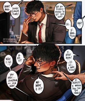 2boys arm_hair artist_name bara bite_mark blue_eyes blush chair clark_kent commentary_request computer copyright_request dc_comics formal_clothes glasses highres male_focus multiple_boys necktie office office_chair red_necktie shirt smile suit superman superman_(2025) superman_(series) swivel_chair umikochannart white_shirt