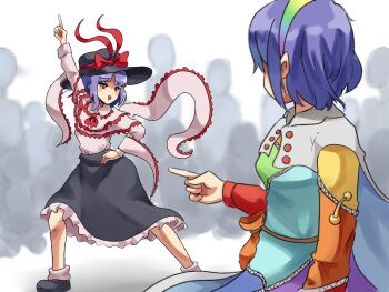 2girls :d arm_up black_footwear black_headwear black_skirt bow cape commentary crowd english_commentary frills hairband hand_on_own_hip hat hat_bow highres index_finger_raised looking_at_another multicolored_clothes multicolored_hairband multiple_girls nagae_iku open_mouth patchwork_clothes pointing praeto purple_hair red_bow red_eyes shawl shirt short_hair skirt smile standing tenkyuu_chimata touhou white_background white_cape white_legwear white_shirt