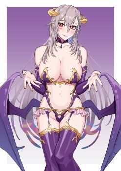 1girl absurdres alternate_costume bare_shoulders breasts cameltoe collar collarbone detached_collar garter_belt gradient_background gradient_hair grey_hair highres horizontal_pupils horns indie_virtual_youtuber kuon_bb large_breasts long_hair low_wings mole mole_under_mouth multicolored_hair navel pochimaru_(vtuber) purple_background purple_collar purple_thighhighs purple_wings red_eyes revealing_clothes solo stomach teardrop_facial_mark tentacle_hair thighhighs virtual_youtuber wings yellow_horns