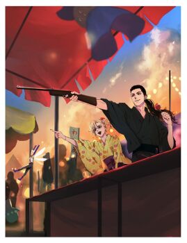 Rule 34 | 1boy, 2girls, aiming, aleph (megami tensei), black hair, black kimono, blonde hair, candy, commentary request, demon (megami tensei), fairy, fairy wings, festival, floral print, floral print kimono, flower, food, gloves, hair flower, hair ornament, high pixie (megami tensei), high ponytail, hiroko (megami tensei), holding, holding candy, holding food, holding lollipop, holding toy gun, japanese clothes, kimono, lollipop, low ponytail, market stall, multiple girls, o c x, pointing, ponytail, print kimono, purple gloves, shin megami tensei, shin megami tensei ii, shooting gallery, smile, stuffed toy, summer festival, wings, yellow kimono