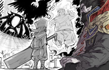 1boy 1girl 1other androgynous armored_boots baggy_clothes baggy_pants beard blot_plot boots closed_eyes coat commentary_request facial_hair full_beard greatsword hair_slicked_back holding holding_sword holding_weapon kankan33333 looking_at_another medium_hair monochrome_background monster open_mouth original pants pointy_ears running shirt standing sword weapon