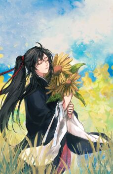 Rule 34 | 1boy, ahoge, aki uzuzame, bishounen, black hair, black hanfu, blue sky, chinese clothes, closed eyes, closed mouth, cloud, commentary request, day, field, flower, flower field, grass, hair ribbon, hanfu, high ponytail, highres, holding, holding flower, implied yaoi, light particles, long hair, long sleeves, male focus, modao zushi, outdoors, ponytail, red ribbon, red sash, ribbon, robe, sash, sidelocks, sky, smile, solo, standing, sunflower, twitter username, very long hair, watermark, wei wuxian, white ribbon, wide sleeves, yellow flower