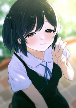 1girl backstage! black_dress black_hair blue_ribbon blush brown_eyes closed_mouth collared_shirt dress highres neck_ribbon niimaru one_side_up pinafore_dress ribbon shirt shizuka_mayu short_hair short_sleeves sleeveless sleeveless_dress smile solo v white_shirt