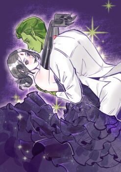 1boy 1other absurdres alternate_costume beast_boy_(dc) chinese_commentary closed_mouth colored_skin couple dancing dc_comics dress elbow_gloves forehead_jewel formal_clothes frilled_dress frills from_side gem gloves green_eyes green_hair green_skin hair_bun hetero highres leaning_back leaning_forward leaning_on_person long_sleeves looking_down looking_up pants parted_bangs parted_lips pointy_ears purple_background purple_dress purple_eyes purple_hair purple_lips raven_(dc) red_gemstone standing suit teen_titans upper_body white_suit xingchen96926