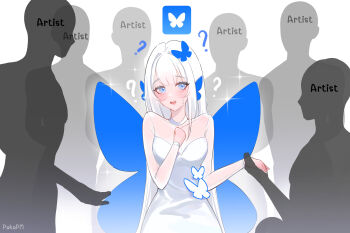 1girl 6+others ? absurdres artist_name blue_butterfly blue_eyes blue_wings bluesky bluesky_logo blush breasts bug butterfly butterfly_hair_ornament butterfly_wings center-flap_bangs cleavage clenched_hand collarbone commentary confused cowboy_shot dress english_commentary faceless hair_ornament hand_on_own_chest hands_up harem head_wings highres holding_hands insect insect_wings long_hair looking_to_the_side medium_breasts multiple_others on_one_knee open_mouth pakapm personification pink_lips profile reverse_harem see-through_body see-through_clothes see-through_sleeves solo_focus sparkle sparkling_aura straight_hair sweatdrop teeth upper_teeth_only white_dress white_hair wings