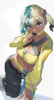 1girl absurdres all_fours aqua_hair bandeau blonde_hair blue_eyes breasts canari_(pokemon) cleavage cropped_jacket dark-skinned_female dark_skin grin hair_ornament highres jacket looking_at_viewer mask mask_pull medium_breasts midriff mouth_mask multicolored_hair navel nintendo pants pokemon pokemon_legends:_z-a rasoso_(wyzx4524) simple_background smile solo split-color_hair twintails two-tone_pants white_background yellow_bandeau yellow_jacket yellow_nails zipper_pull_tab