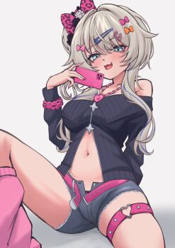 1girl belt blue_eyes blue_hair bow grey_hair grey_shorts gyaru hair_bow hair_ornament hairclip heart heart_necklace heart_o-ring highres holding holding_phone jewelry loose_socks multicolored_hair navel necklace o-ring o-ring_thigh_strap off_shoulder open_fly open_mouth orange_bow phase_connect phone pink_belt pink_bow pink_nails pink_socks ragerkgk rinkou_ashelia short_shorts shorts socks solo streaked_hair thigh_strap virtual_youtuber