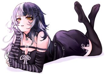 1girl absurdres ass bare_shoulders black_choker black_dress black_hair black_thighhighs choker commentary dress elbow_gloves fingerless_gloves gloves goth_fashion highres hololive hololive_english ketari long_hair looking_at_viewer lying multicolored_hair no_shoes on_stomach parted_lips pencil_dress shiori_novella simple_background solo split-color_hair striped_clothes striped_gloves thighhighs thighs white_background white_hair yellow_eyes