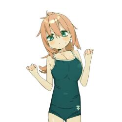 1girl animated anime_screenshot bags_under_eyes blue_eyes blush bouncing_breasts breasts cleavage dancing imamura_ryou large_breasts looking_at_viewer michinoku_komaro official_art one-piece_swimsuit oppai_loli orange_hair ponytail school_uniform seitokai_ni_mo_ana_wa_aru! small_hips swimsuit tagme thigh_gap thighs video