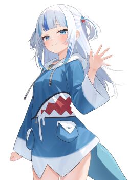 1girl absurdres blue_eyes blue_hair blue_hoodie blunt_bangs clenched_hand closed_mouth cowboy_shot drawstring gawr_gura gawr_gura_(1st_costume) hair_ornament highres hololive hololive_english hood hood_down hoodie long_hair long_sleeves looking_at_viewer multicolored_hair ryu160303 shark_hair_ornament sidelocks simple_background smile solo streaked_hair thighs two_side_up virtual_youtuber waving white_background white_hair