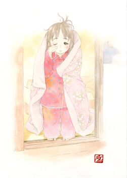 archived_source blanket brown_eyes brown_hair buttons child chitose closed_mouth collared_pajamas commentary frown happy_new_year holding holding_blanket indoors loose_hair_strand new_year nostrils one_eye_closed original painting_(medium) pajamas pants parted_bangs polka_dot polka_dot_pajamas polka_dot_pants polka_dot_sleeves print_pajamas print_pants print_sleeves red_pajamas red_pants sidelocks sleepy stamp_mark tanaka_kunihiko traditional_media watercolor_(medium) wing_collar