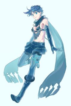 1girl bare_shoulders bikini bikini_top_only blue_eyes blue_hair blue_theme boots breasts cleavage cosplay drag-on_dragoon drag-on_dragoon_3 elbow_gloves female_focus flower genderswap genderswap_(mtf) gloves hair_flower hair_ornament highres jojo_no_kimyou_na_bouken joseph_joestar joseph_joestar_(young) leggings matching_hair/eyes midriff miniskirt naanya_(9849122) pantyhose scarf short_hair skirt solo swimsuit two_(drag-on_dragoon)