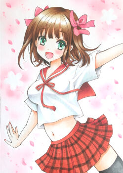 1girl amami_haruka arukapismillust blush bow breasts brown_hair commentary_request cowboy_shot crop_top cropped_shirt green_eyes hair_bow idolmaster looking_at_viewer marker_(medium) midriff navel neck_ribbon open_mouth outstretched_arms pink_background pink_bow plaid_clothes plaid_skirt pleated_skirt red_ribbon red_sailor_collar red_skirt ribbon sailor_collar school_uniform serafuku shirt short_hair short_sleeves skirt smile solo spread_arms standing traditional_media white_shirt