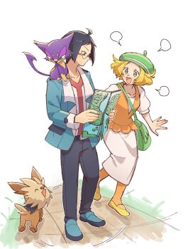1boy 1girl :d ahoge bag beret bianca_(pokemon) black_hair cheren_(pokemon) commentary dress english_commentary gen_5_pokemon glasses green_bag green_eyes green_hat hat highres holding holding_map jacket lillipup map miiyokoe nintendo on_shoulder open_clothes open_jacket open_mouth orange_pantyhose orange_vest pants pantyhose pokemon pokemon_(creature) pokemon_bw pokemon_on_shoulder purrloin shirt shoes short_hair short_sleeves shoulder_bag smile standing vest white_dress yellow_shoes