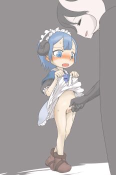 blue_eyes blue_hair blush censored clothes_lift crossdressing crossdressing_(mtf) cum cum_on_body cum_on_hands dress dress_lift grey_background handjob lifting_own_clothes made_in_abyss maruruk mosaic_censoring mudadamuda open_mouth penis short_hair shota small_penis standing trap