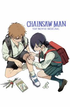 1boy 1girl backpack bag bandaid bandaid_on_knee bandaid_on_leg black_bag black_shoes black_shorts blonde_hair blush brown_shirt chainsaw_man character_name collared_shirt commentary_request copyright_name denji_(chainsaw_man) dirty dirty_face dress english_text flower green_dress green_ribbon green_socks hair_between_eyes hair_bun hair_flower hair_ornament hair_over_one_eye highres holding_bandaid injury kneeling loafers long_sleeves medium_hair neck_ribbon one_eye_closed pinafore_dress pleated_dress purple_hair red_bag red_flower reze_(chainsaw_man) ribbon s000pkm school_uniform shirt shirt_under_dress shoes shorts sitting sleeveless sleeveless_dress sleeves_rolled_up sneakers socks tears undershirt updo white_flower white_shirt white_shoes white_socks