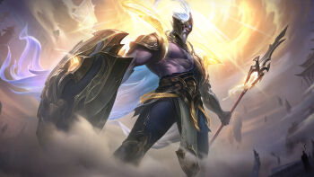1boy beard cloud commentary dust english_commentary facial_hair glowing glowing_eyes helmet highres holding holding_polearm holding_shield holding_weapon league_of_legends league_of_legends:_wild_rift legs_apart lunar_guardian_pantheon male_focus muscular muscular_male official_alternate_costume official_alternate_hairstyle official_art outdoors pantheon_(league_of_legends) polearm serious shield solo standing sunlight weapon white_hair yellow_eyes