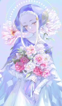 1girl bouquet commentary cowboy_shot dress flower half-closed_eyes highres holding holding_bouquet ingrid_(capcom) light_smile long_sleeves looking_down namamo_(squidrilling) red_eyes sidelocks solo street_fighter street_fighter_6 white_dress white_hair