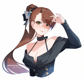 1girl artist_name asymmetrical_bangs bare_shoulders beatrix_(granblue_fantasy) black_dress breasts brown_hair cleavage commentary commission cropped_torso dress english_commentary granblue_fantasy green_eyes hair_ornament hair_scrunchie highres long_hair long_sleeves looking_at_viewer medium_breasts off-shoulder_dress off_shoulder ponytail saiivia scrunchie simple_background solo upper_body white_background white_nails