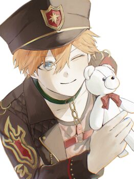 1boy akehoshi_subaru black_hair black_jacket blue_eyes chest_harness choker closed_mouth commentary ensemble_stars! from_above green_choker hair_between_eyes harness hat highres holding holding_stuffed_toy jacket looking_at_viewer male_focus official_alternate_costume one_eye_closed open_clothes open_jacket orange_hair peaked_cap print_jacket short_hair simple_background smile solo stuffed_animal stuffed_toy teddy_bear upper_body white_background wwww6210