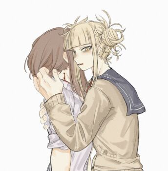 2girls bite_mark bite_mark_on_neck black_sailor_collar blonde_hair blood blood_on_neck boku_no_hero_academia brown_hair brown_sweater commentary double_bun feikefen hair_bun hand_on_another's_back hashtag-only_commentary hug medium_hair multiple_girls open_mouth sailor_collar shirt simple_background sweater toga_himiko uraraka_ochako white_background white_shirt yellow_eyes yuri