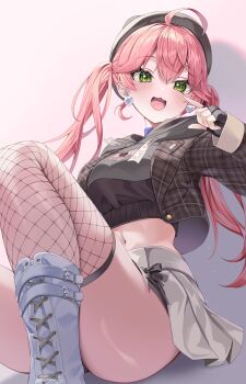 1girl :d absurdres ahoge beret black_gloves black_hat blue_choker boots brown_jacket choker commentary cropped_hoodie double-parted_bangs earrings fingerless_gloves gloves green_eyes grey_hoodie grey_skirt hair_between_eyes hat highres hololive hood hoodie jacket jewelry knee_boots long_hair looking_at_viewer mi_ke0224 midriff miniskirt navel official_alternate_costume official_alternate_hairstyle open_mouth pink_hair plaid_clothes plaid_jacket pleated_skirt pom_pom_(clothes) pom_pom_earrings sakura_miko sakura_miko_(micomet) simple_background single_fishnet_legwear single_thighhigh sitting skirt smile solo symbol-only_commentary thighhighs twintails virtual_youtuber white_boots